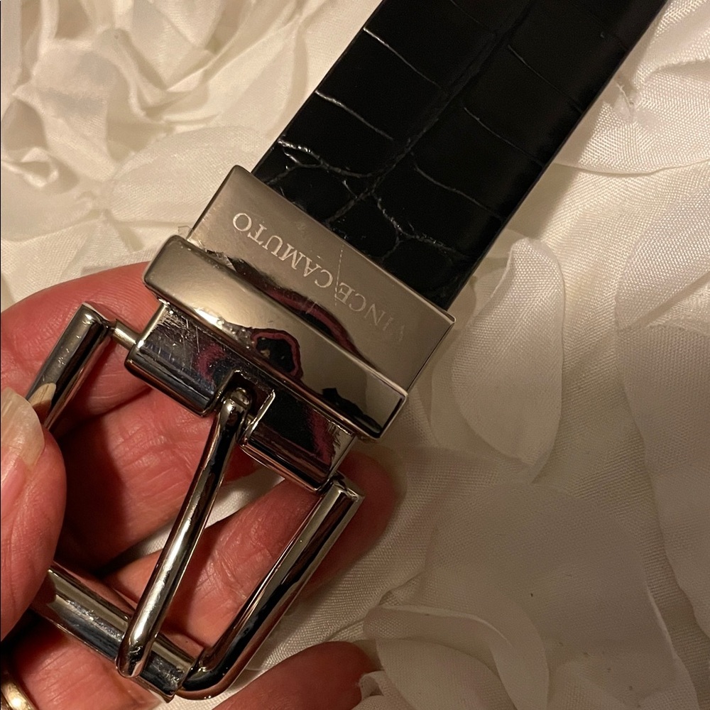 Vince Camuto Croc-Embossed Black Belt with Shiny Silver Buckle